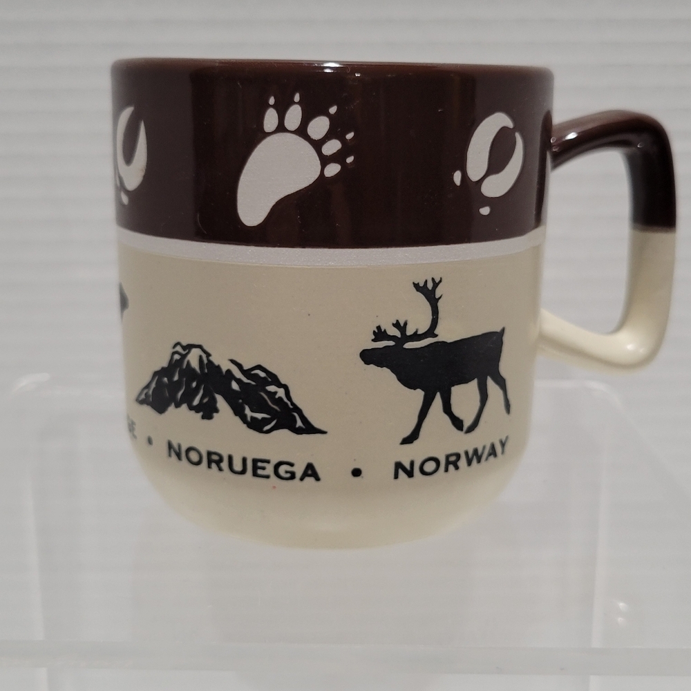 Norway Souvenir Pottery Animal &Scenery Mug Cup Glossy Brown Beige Glaze EUC